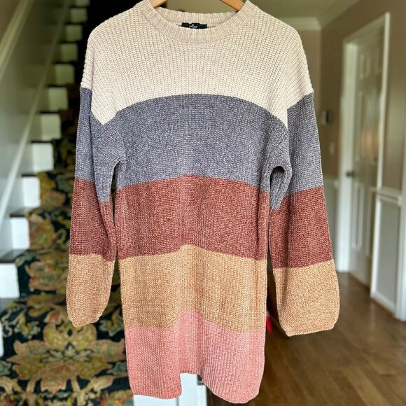 NWT Lulus Colors of Autumn Beige Multi Striped Chenille Knit Sweater Dress Sz L - Picture 2 of 12
